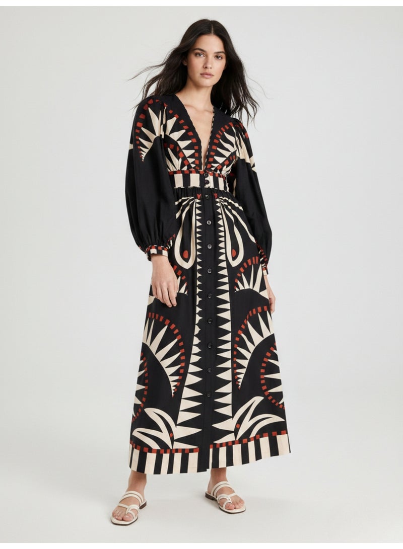 OUTZIDR Black Placement Tribal Print Shirt Maxi Dress - Image 1